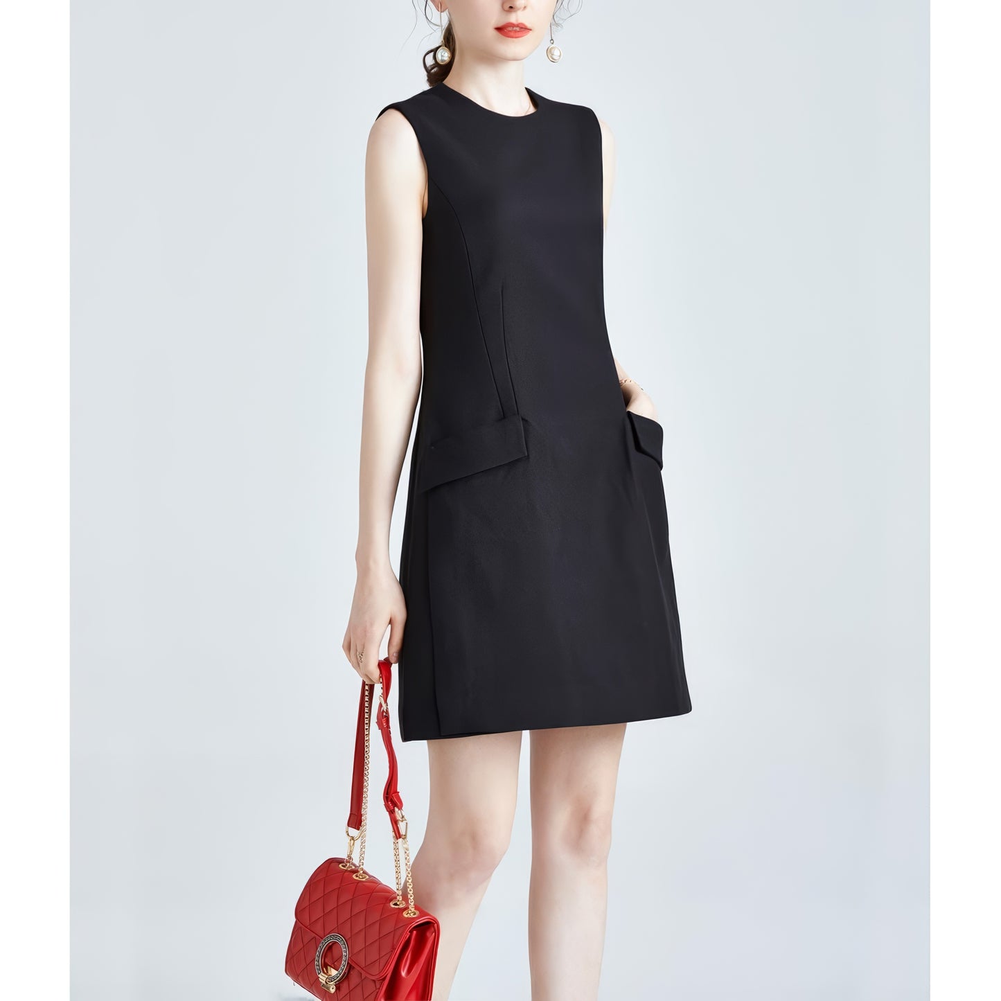 Sleeveless Flap Pocket Black Mini Dress