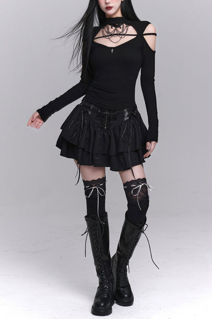 Black Lace-Up Ruffle Skirt