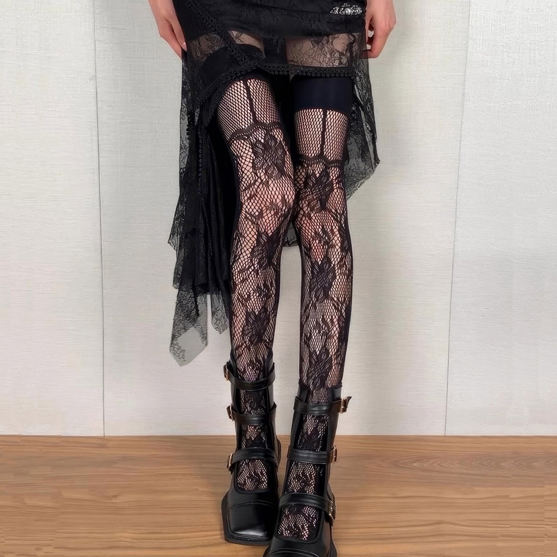 Two-Tone Floral Mesh Lace Tights