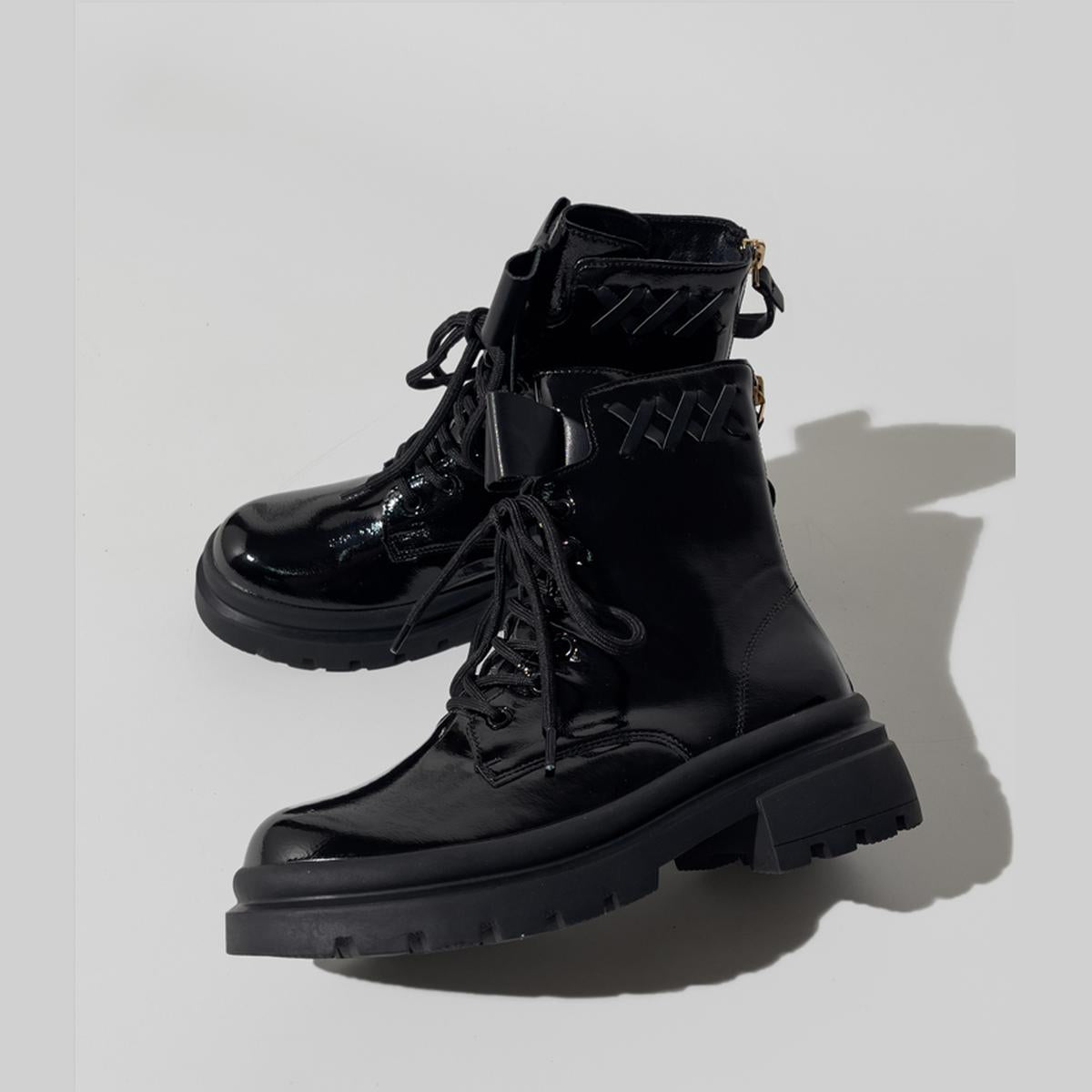Black Patent Lace-Up Combat Boots