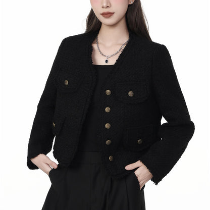 Textured Button-Up Tweed Cropped Jacket