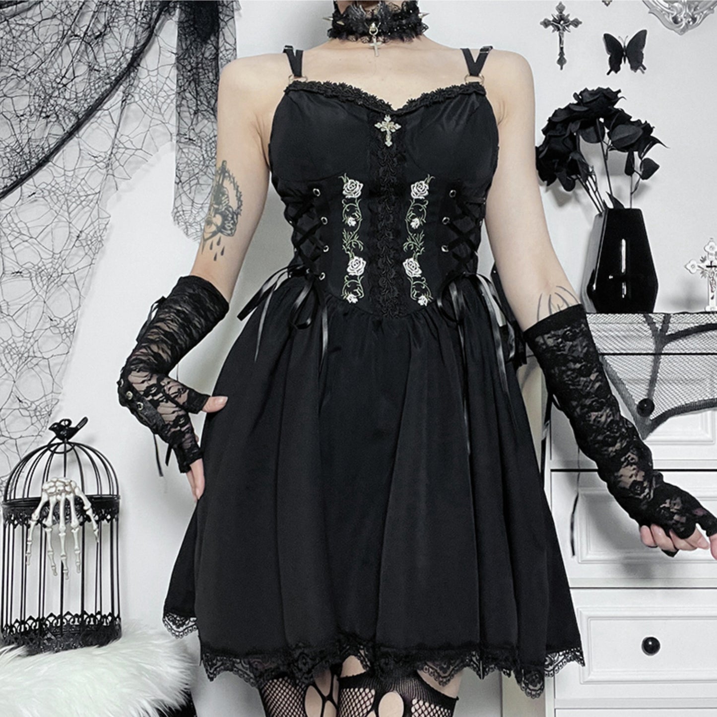 Black Lace-Up Corset Dress