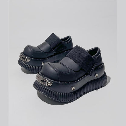 Black Metal-Accent Platform Velcro Shoes