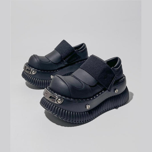 Black Metal-Accent Platform Velcro Shoes