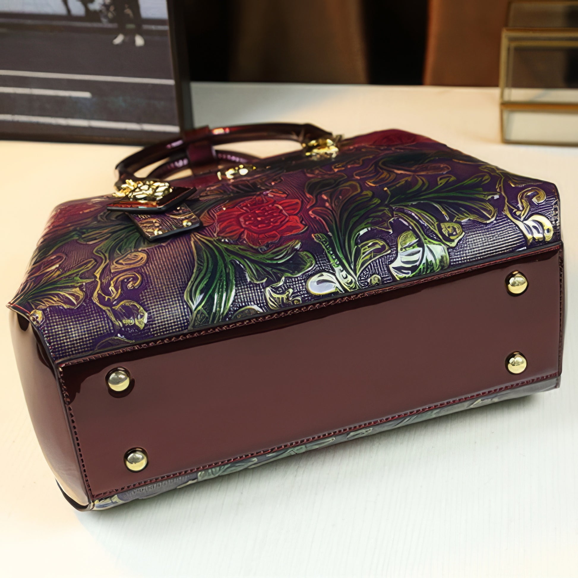 Purple Embossed Floral Patent Tote Bag