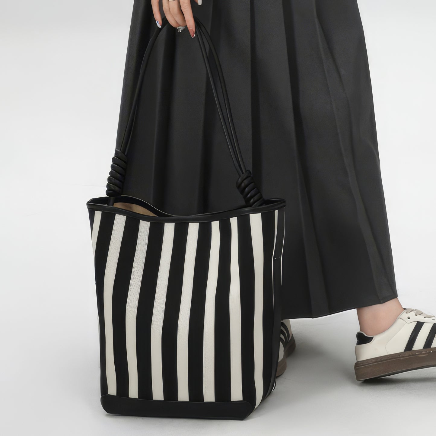 Striped Canvas Shoulder Tote Bag