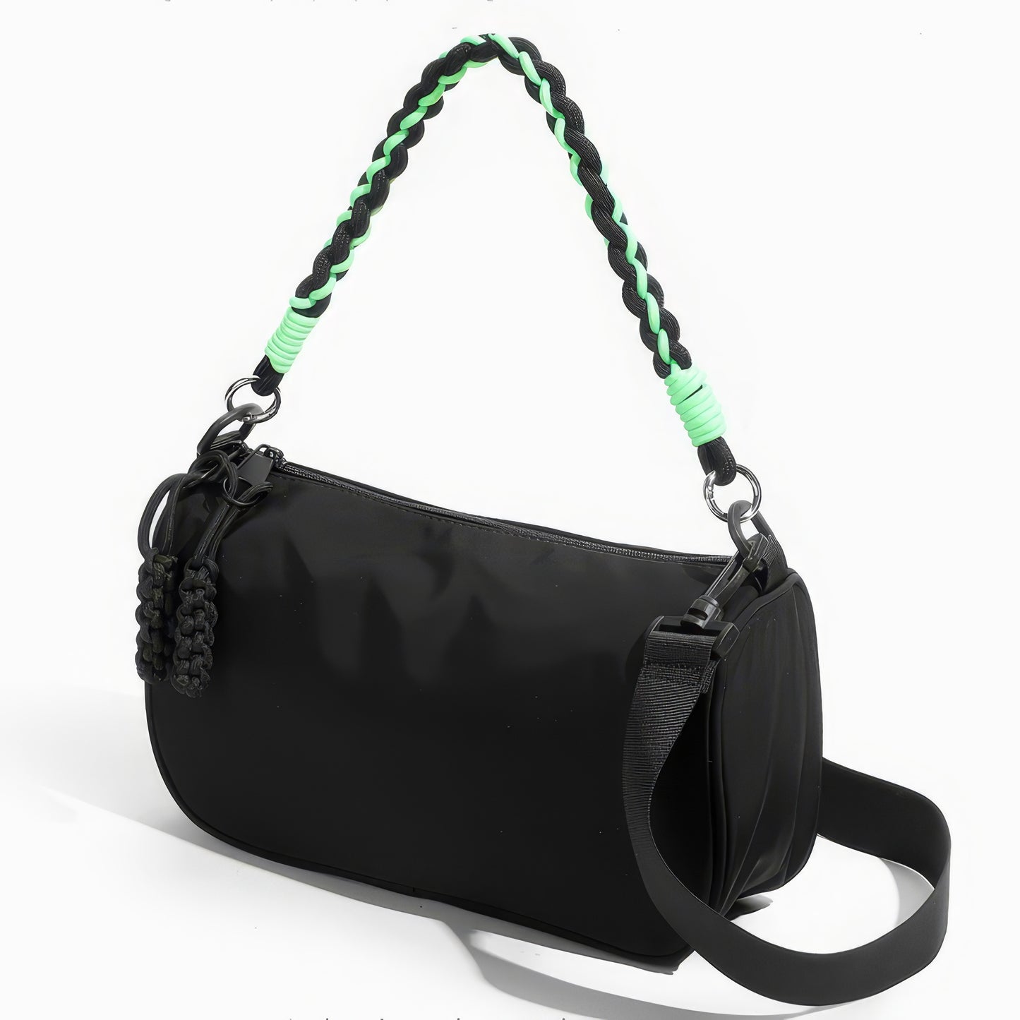Two-Tone Rope Strap Black Nylon Shoulder Bag