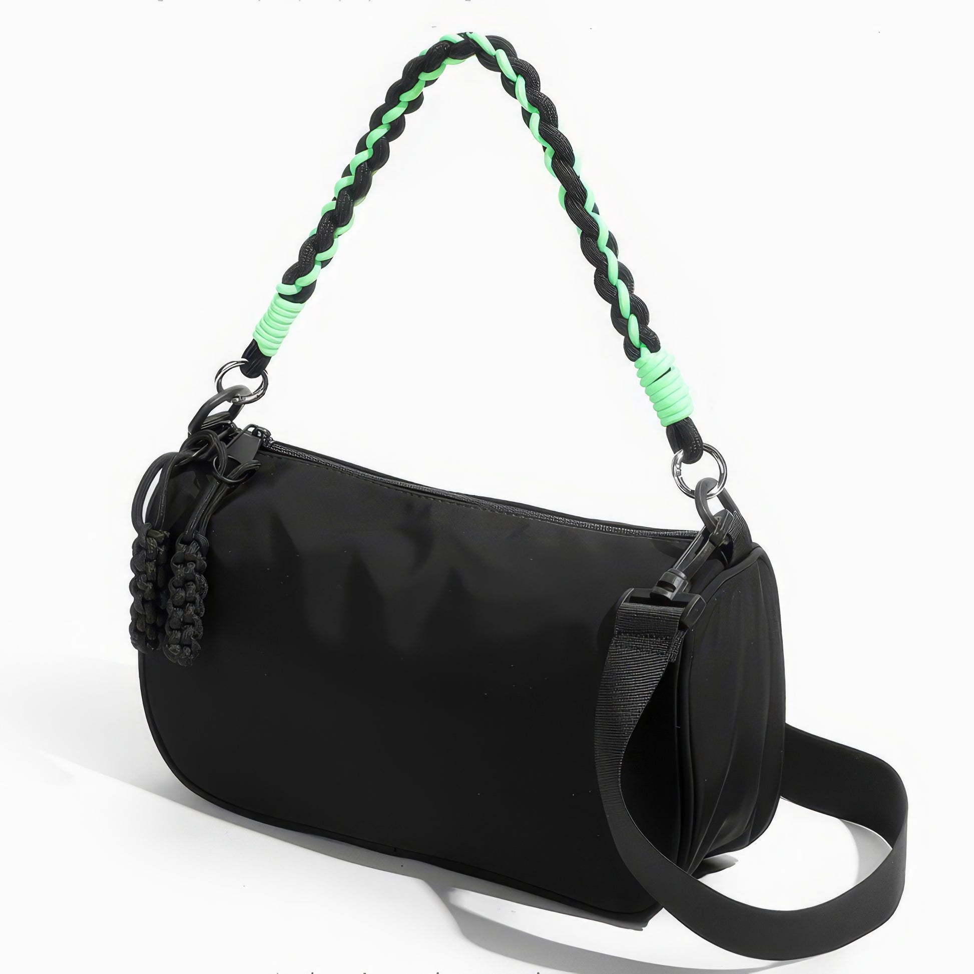 Two-Tone Rope Strap Black Nylon Shoulder Bag