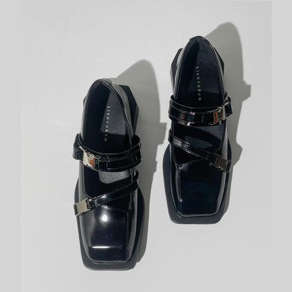 Black Square-Toe Buckle Loafers