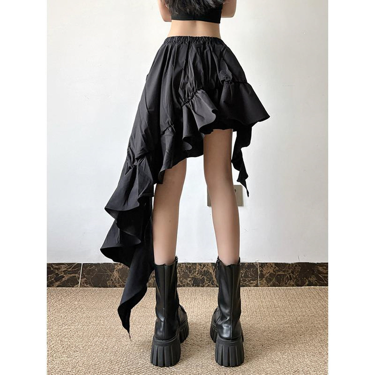 Ruffled Asymmetrical High-Low Skirt