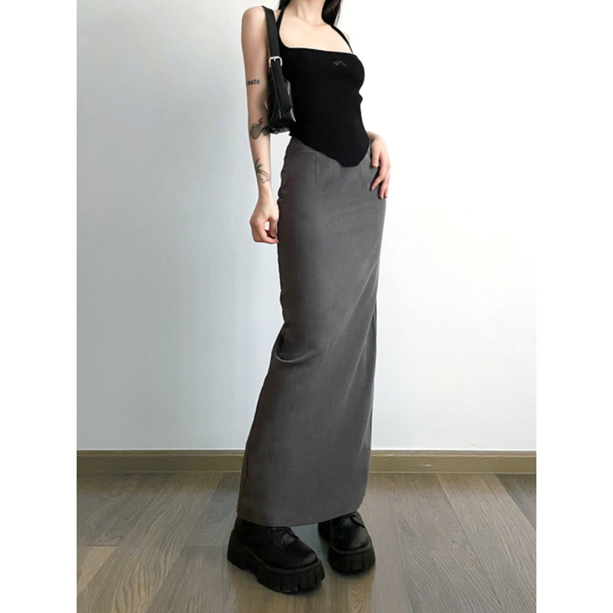 Gray High-Slit Maxi Skirt