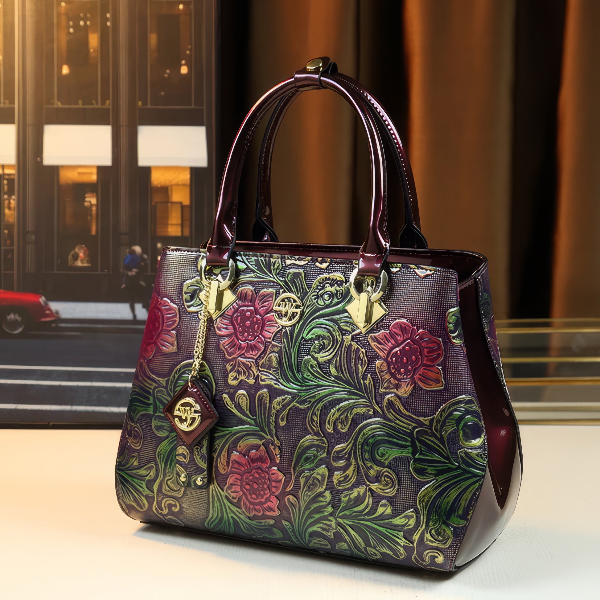 Purple Embossed Floral Patent Tote Bag