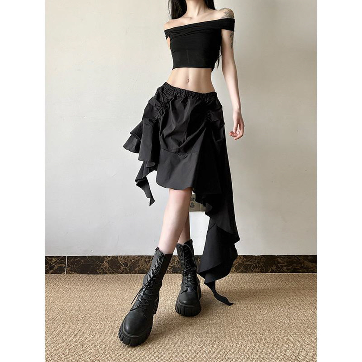 Ruffled Asymmetrical High-Low Skirt