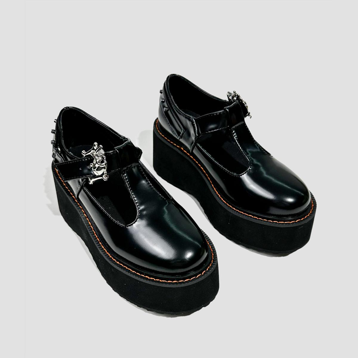 Black Metal Buckle T-Strap Platform Shoes