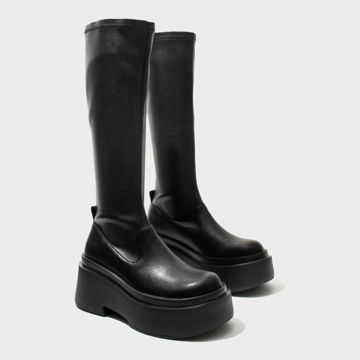 Black Stretch Platform Knee Boots
