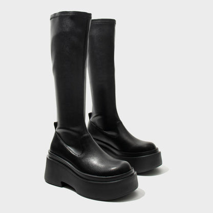 Black Stretch Platform Knee Boots
