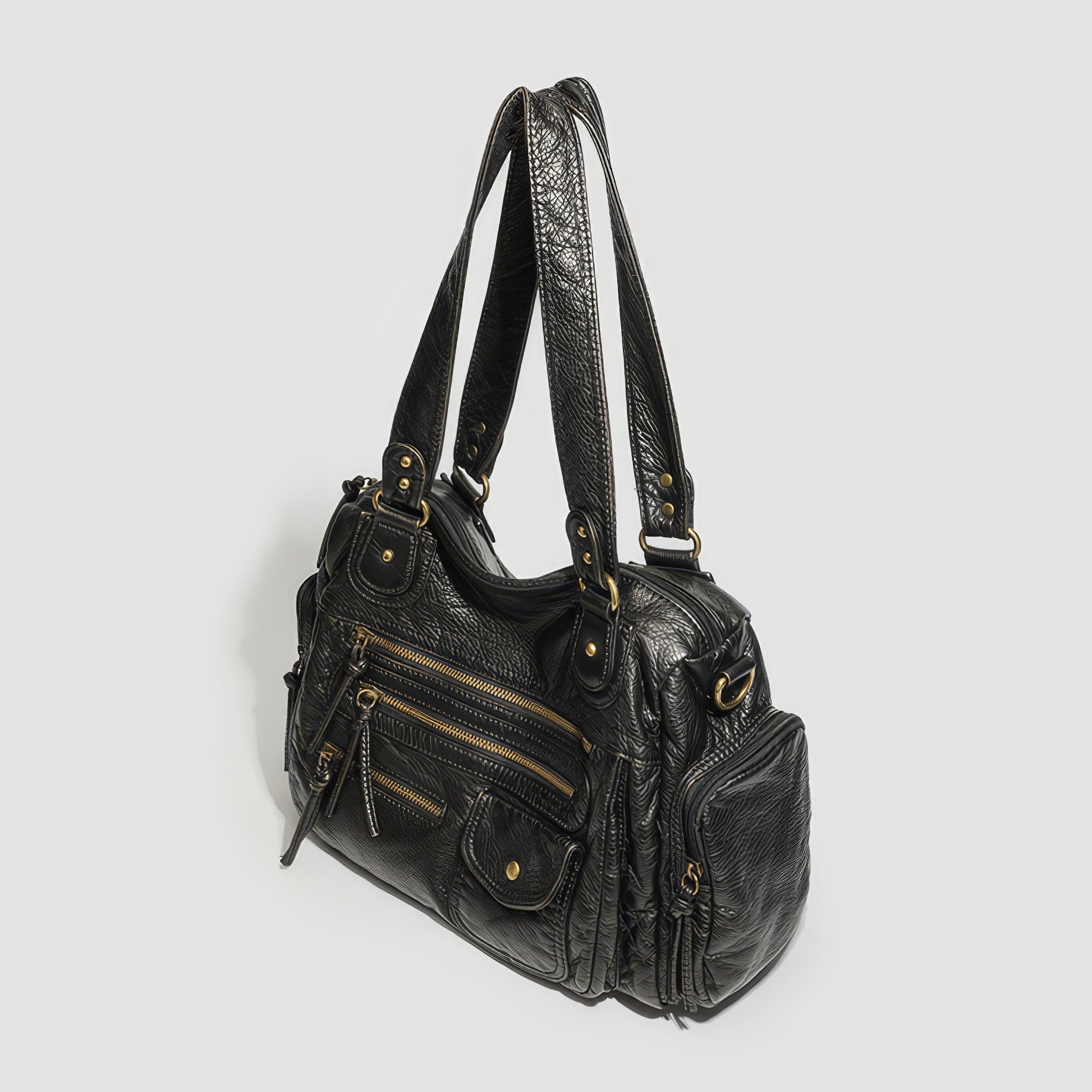 Multi-Zip Textured Faux Leather Shoulder Bag