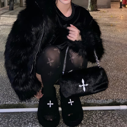 Faux Fur Cross Emblem Chain Shoulder Bag