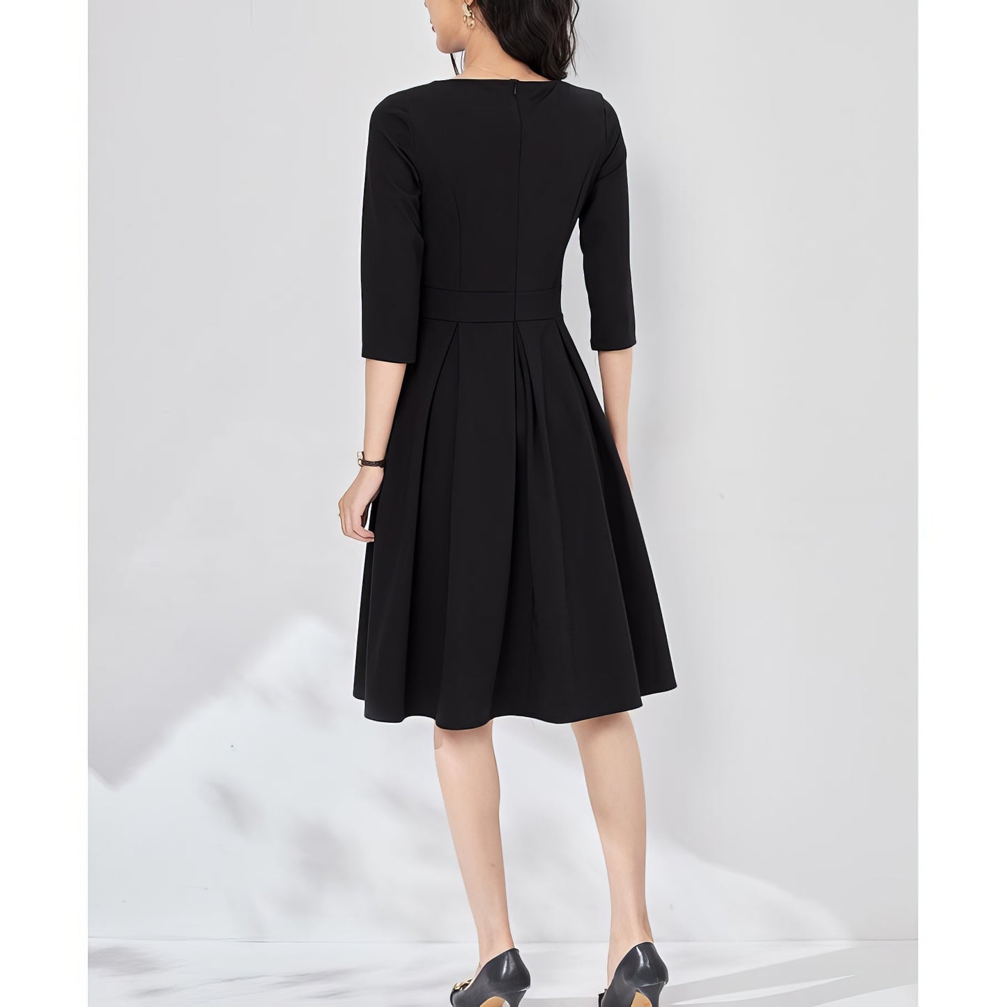 Pleated Waist Black Flare Dress