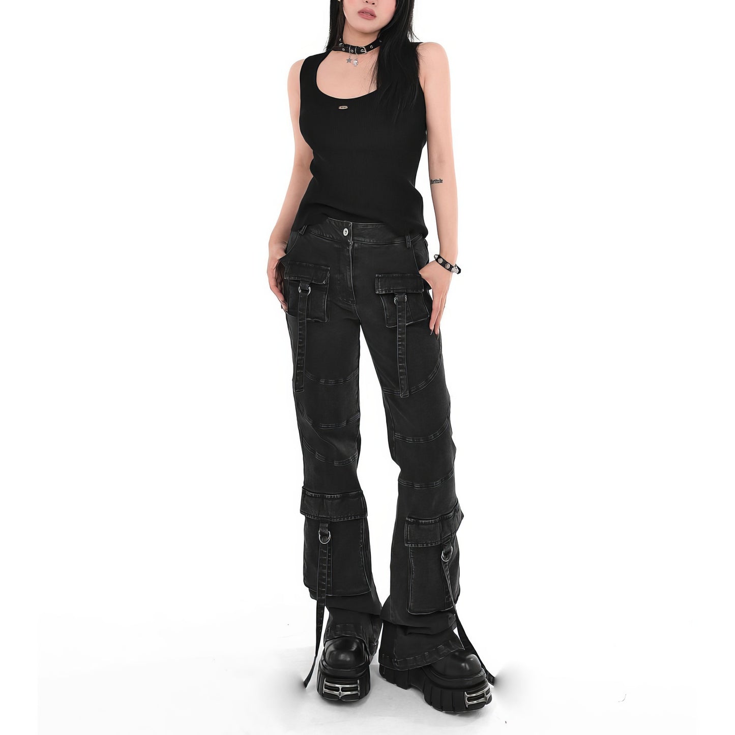 Washed Strap Cargo Flare Jeans