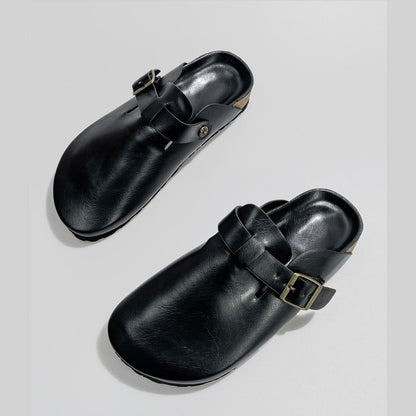 Black Buckle Leather Clogs