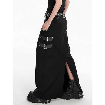 Buckle Strap Side Slit Maxi Skirt