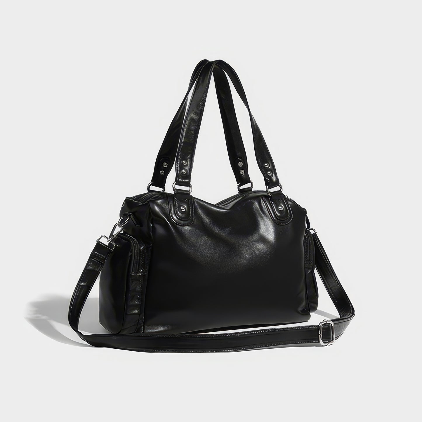 Multi-Zip Faux Leather Double Strap Shoulder Bag