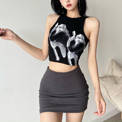 Graphic Print Ribbed Crop Top