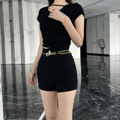 Gold Chain Detail Black Shorts