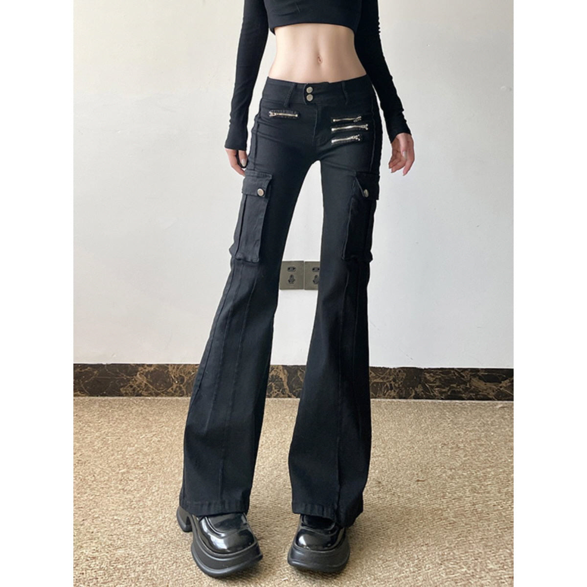 Zip Detail Flared Cargo Pants
