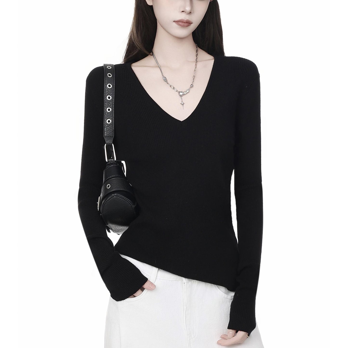 Ribbed Deep V-Neck Slim Fit Top