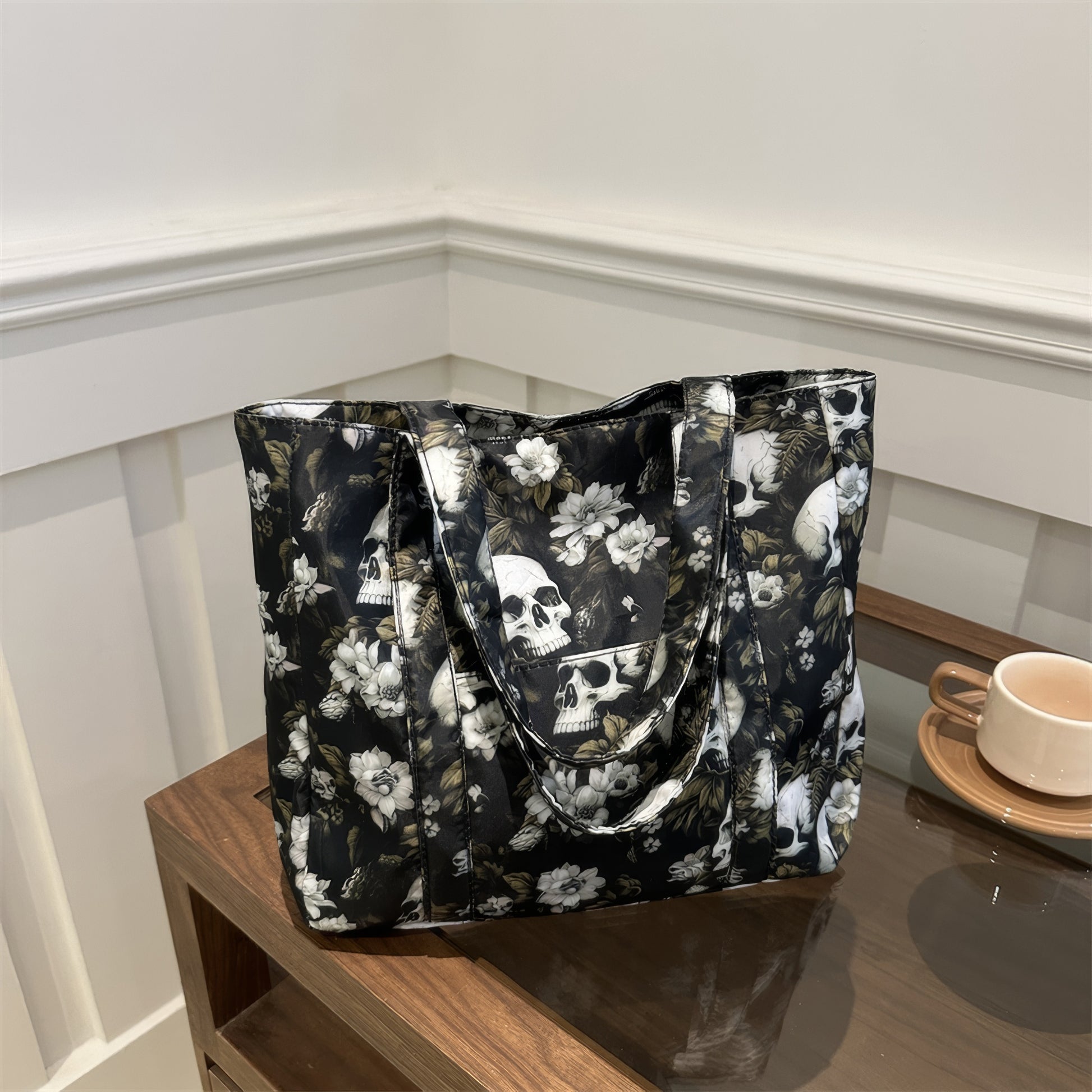 Floral Skull Print Canvas Tote