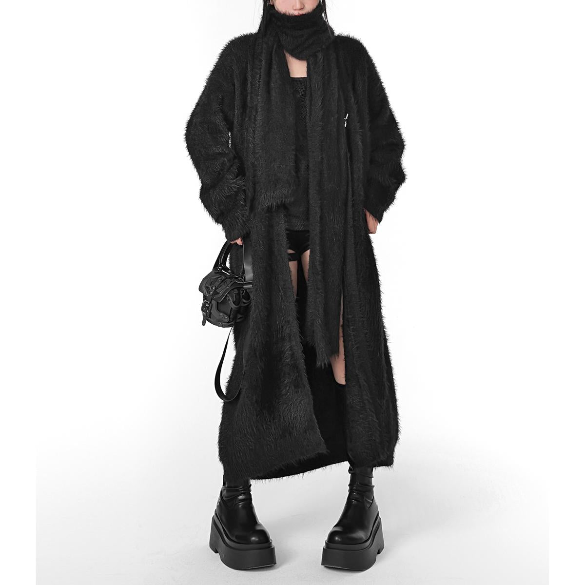 Textured Long Fuzzy Coat with Matching Scarf