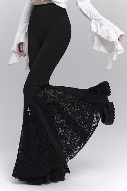 Black Lace Panel Flare Pants