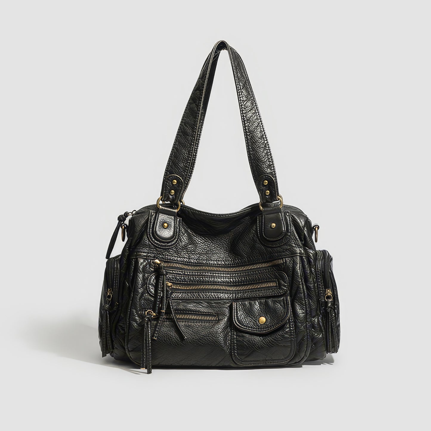 Multi-Zip Textured Faux Leather Shoulder Bag