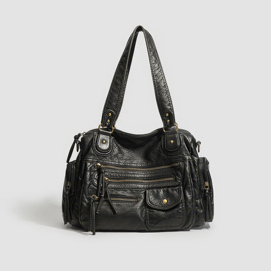 Multi-Zip Textured Faux Leather Shoulder Bag
