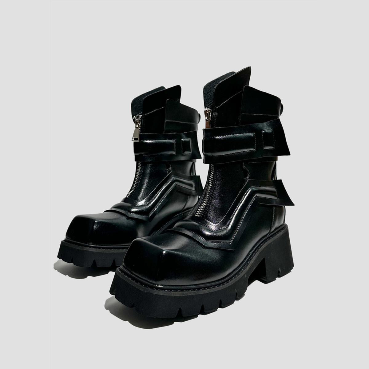 Black Futuristic Buckle Ankle Boots