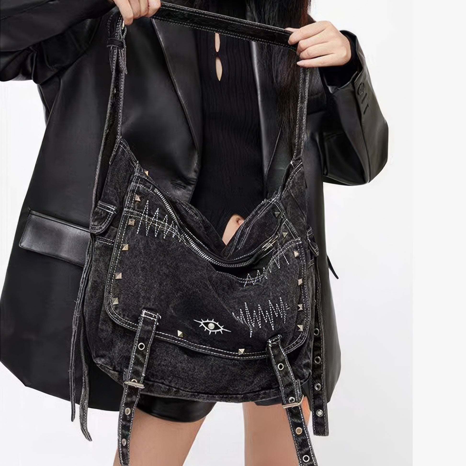 Washed Black Stitch Detail Shoulder Bag