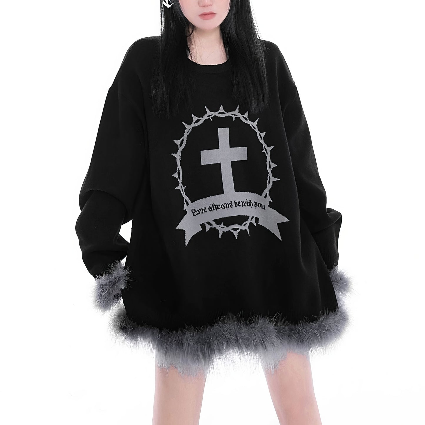 Feather Trim Cross Graphic Knit Dress