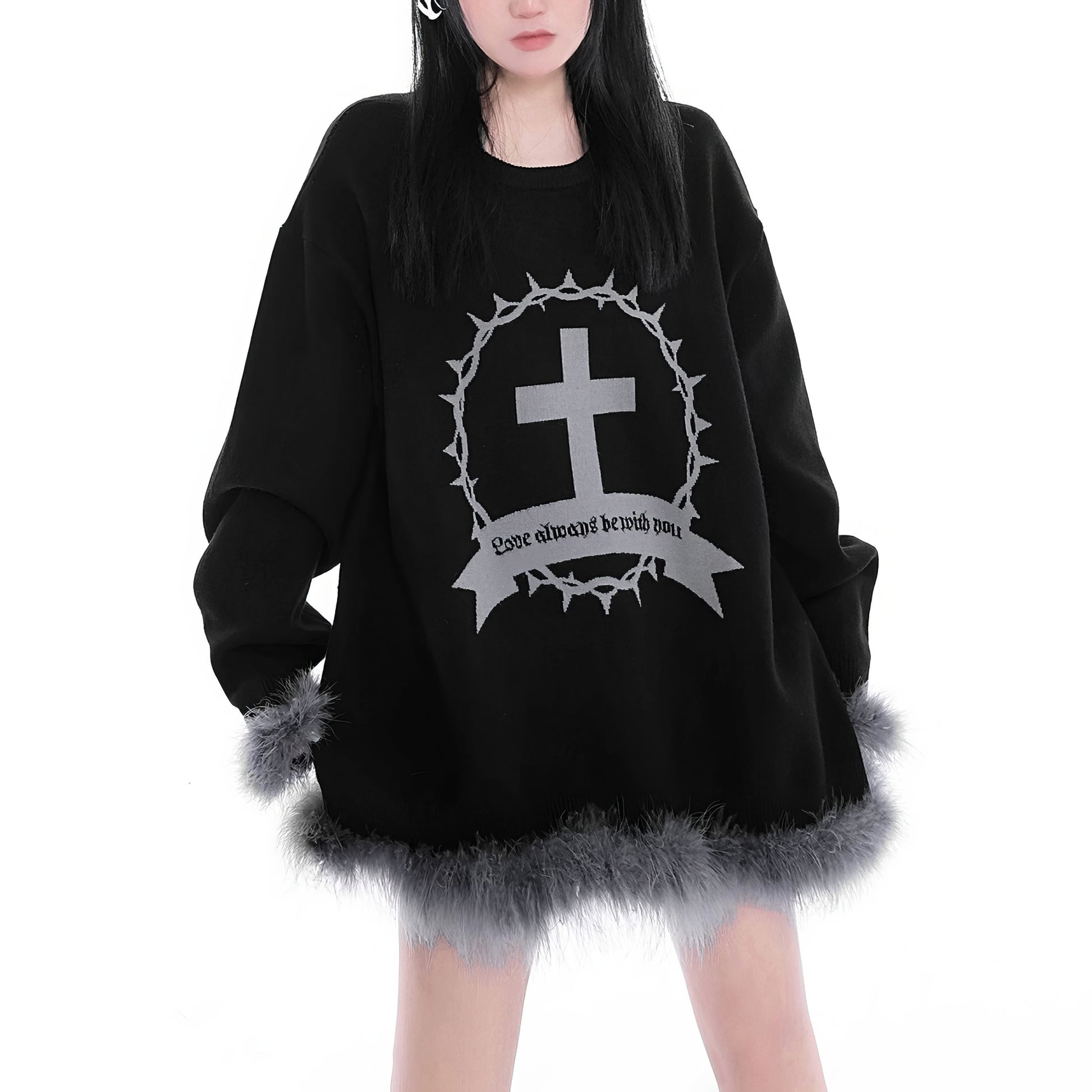 Feather Trim Cross Graphic Knit Dress
