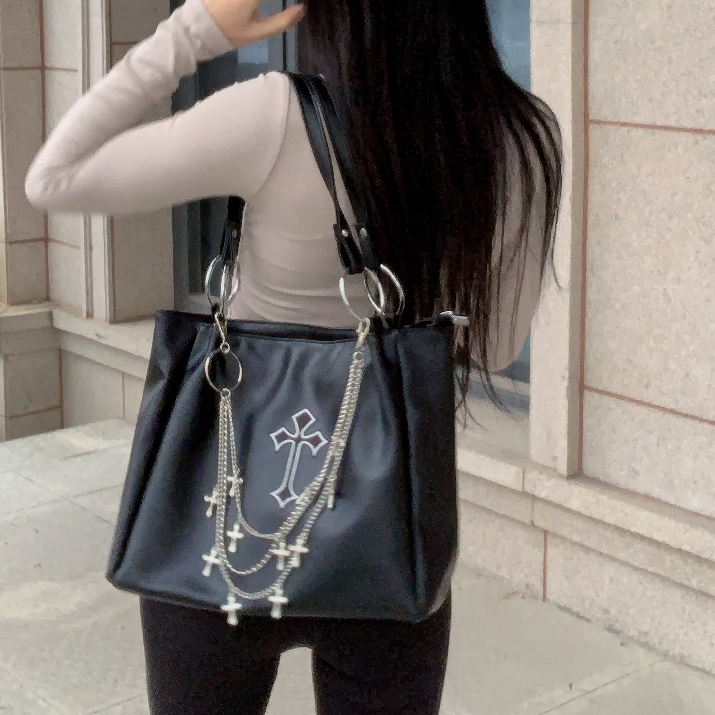 Chain Cross Accent Faux Leather Shoulder Bag