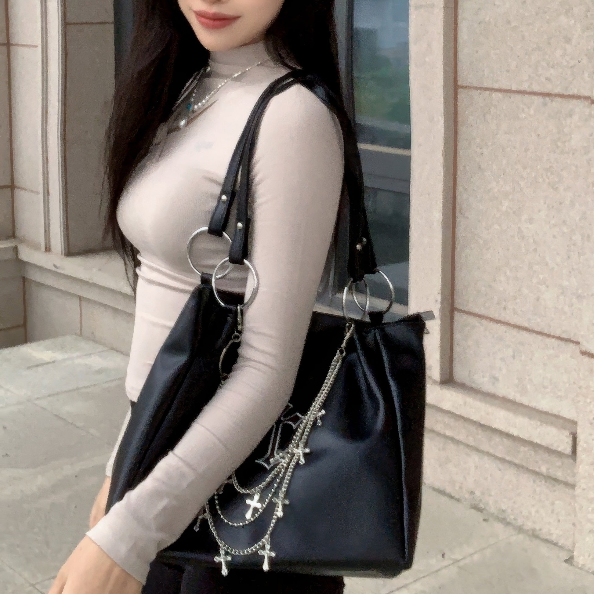 Chain Cross Accent Faux Leather Shoulder Bag