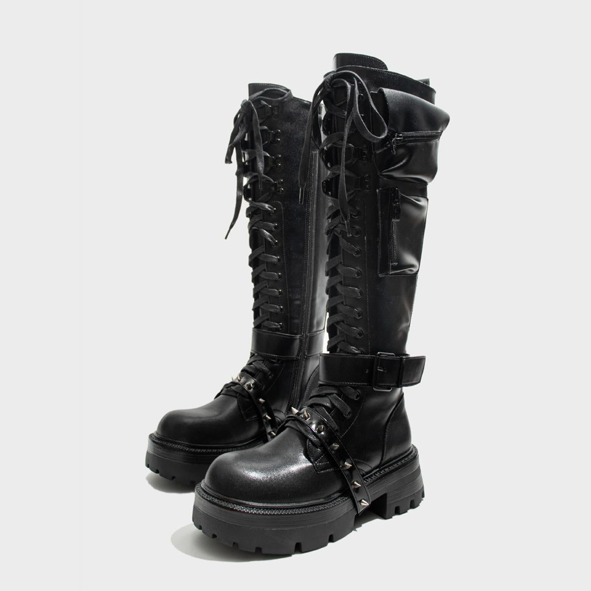 Black Spike Strap Lace-Up Knee-High Boots