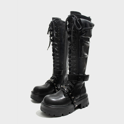 Black Spike Strap Lace-Up Knee-High Boots