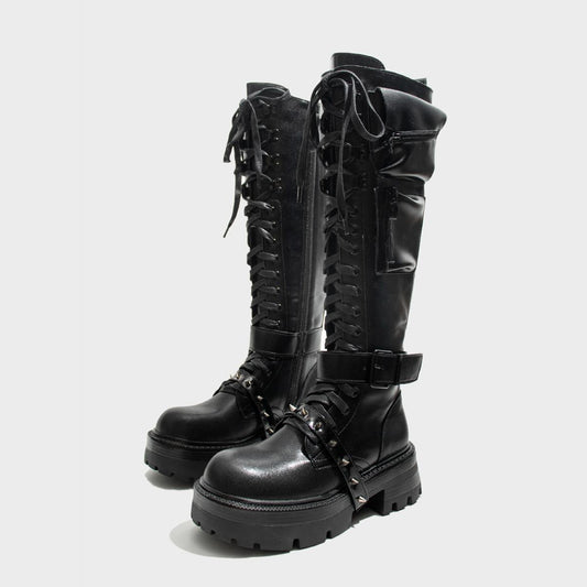 Black Spike Strap Lace-Up Knee-High Boots