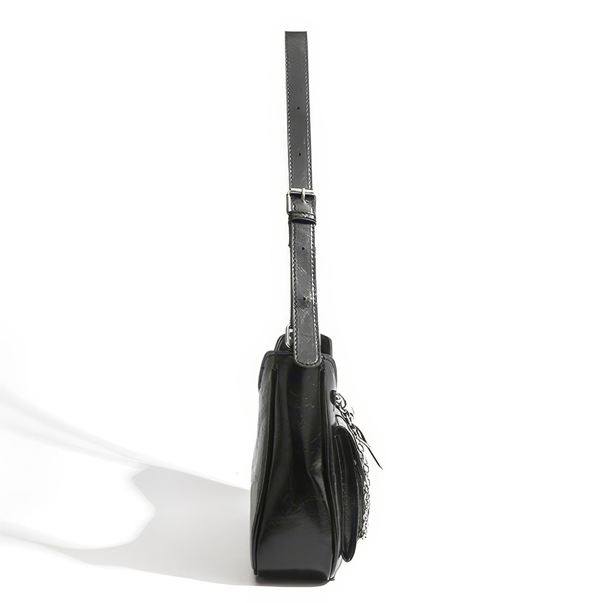 Multi Pocket Chain Accent Black Shoulder Bag