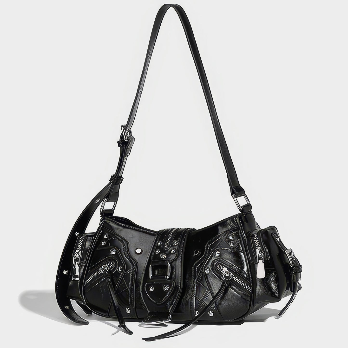 Glossy Buckle Pocket Baguette Bag