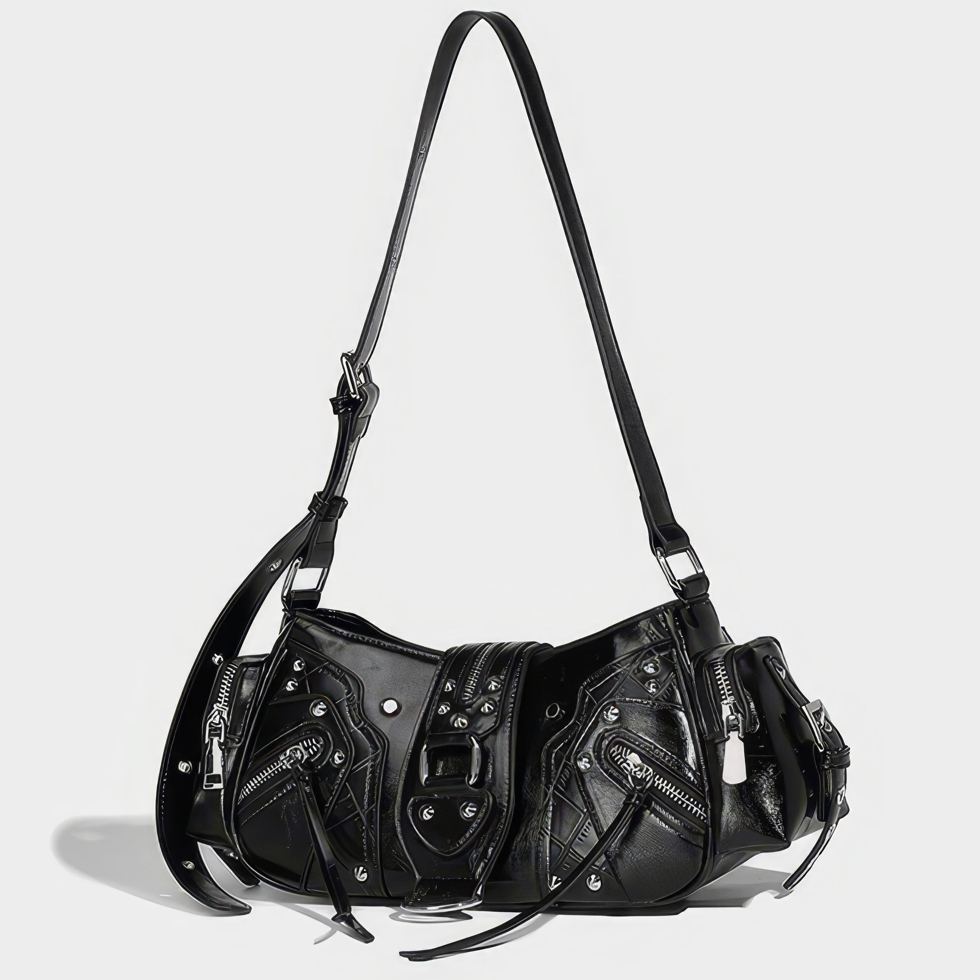 Glossy Buckle Pocket Baguette Bag