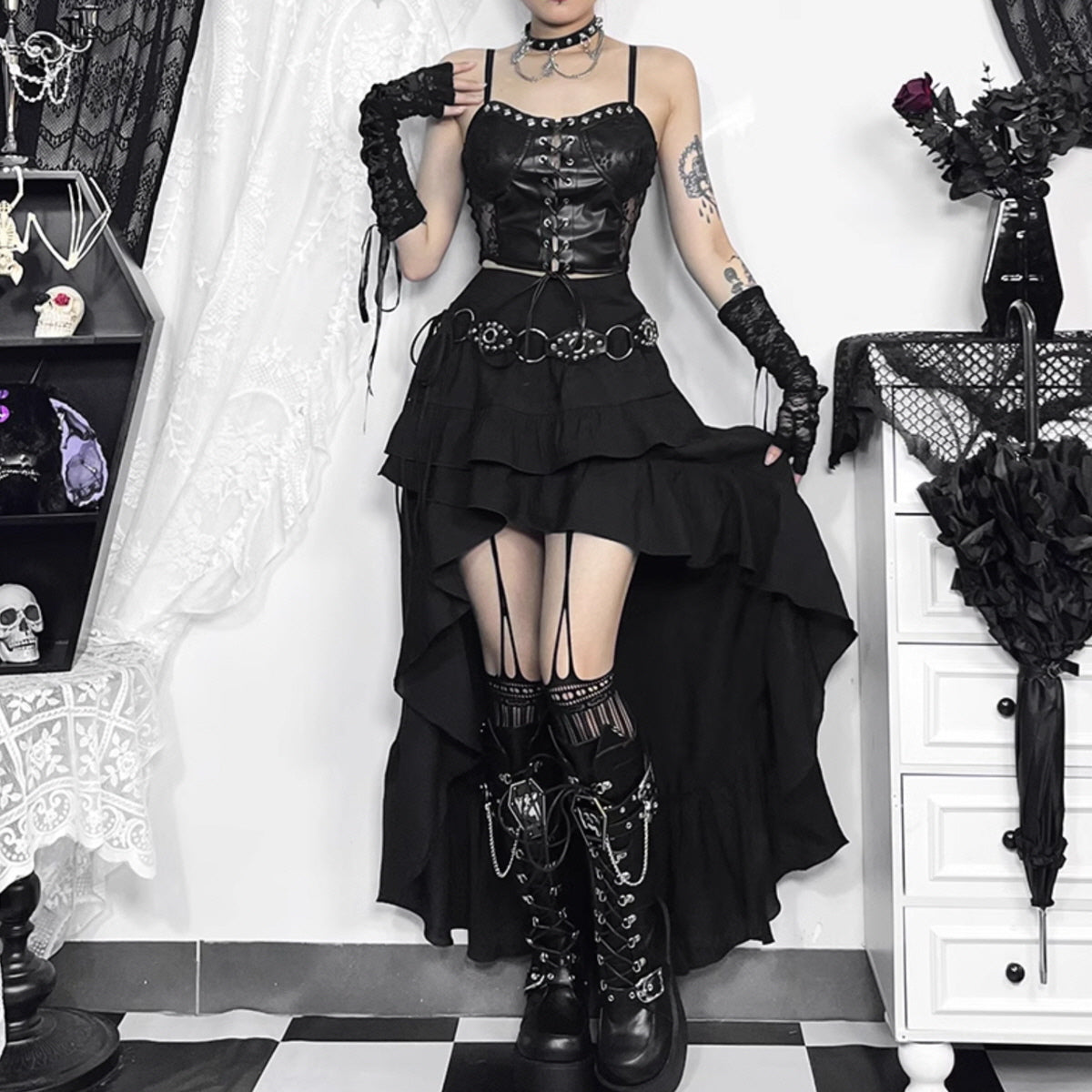 Black High-Low Ruffle Skirt