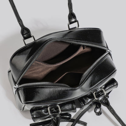 Glossy Bow Pocket Double Strap Shoulder Bag